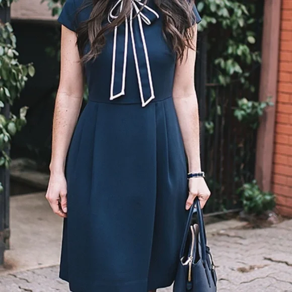 J. Crew Navy Midi Dress with White Bow Detail - Picture 3 of 10